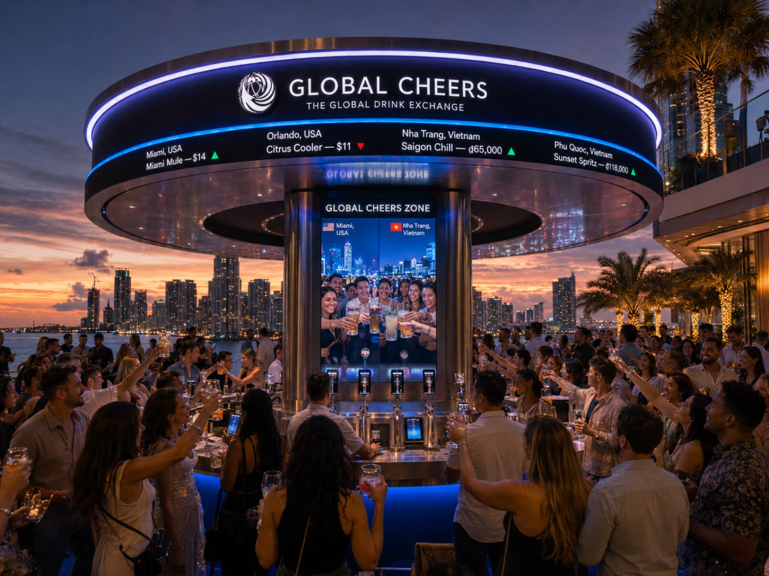 Global Cheers в разных локациях — Концептуальная визуализация. Финальный дизайн, напитки, цены и техническая конфигурация могут отличаться в зависимости от рынка и локации.
