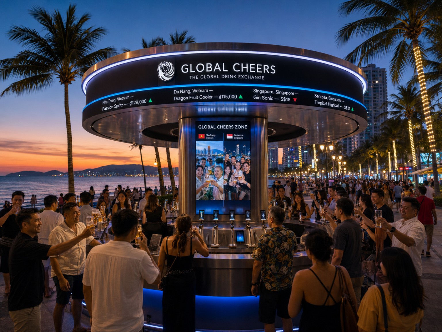 Global Cheers в разных локациях — Концептуальная визуализация. Финальный дизайн, напитки, цены и техническая конфигурация могут отличаться в зависимости от рынка и локации.