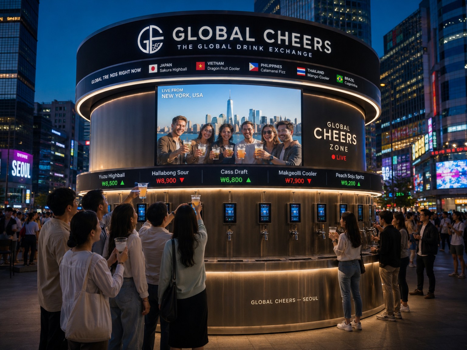 Откройте Global Cheers в своем городе. Концептуальная визуализация. Финальный дизайн, напитки, цены и техническая конфигурация могут отличаться в зависимости от рынка и локации.