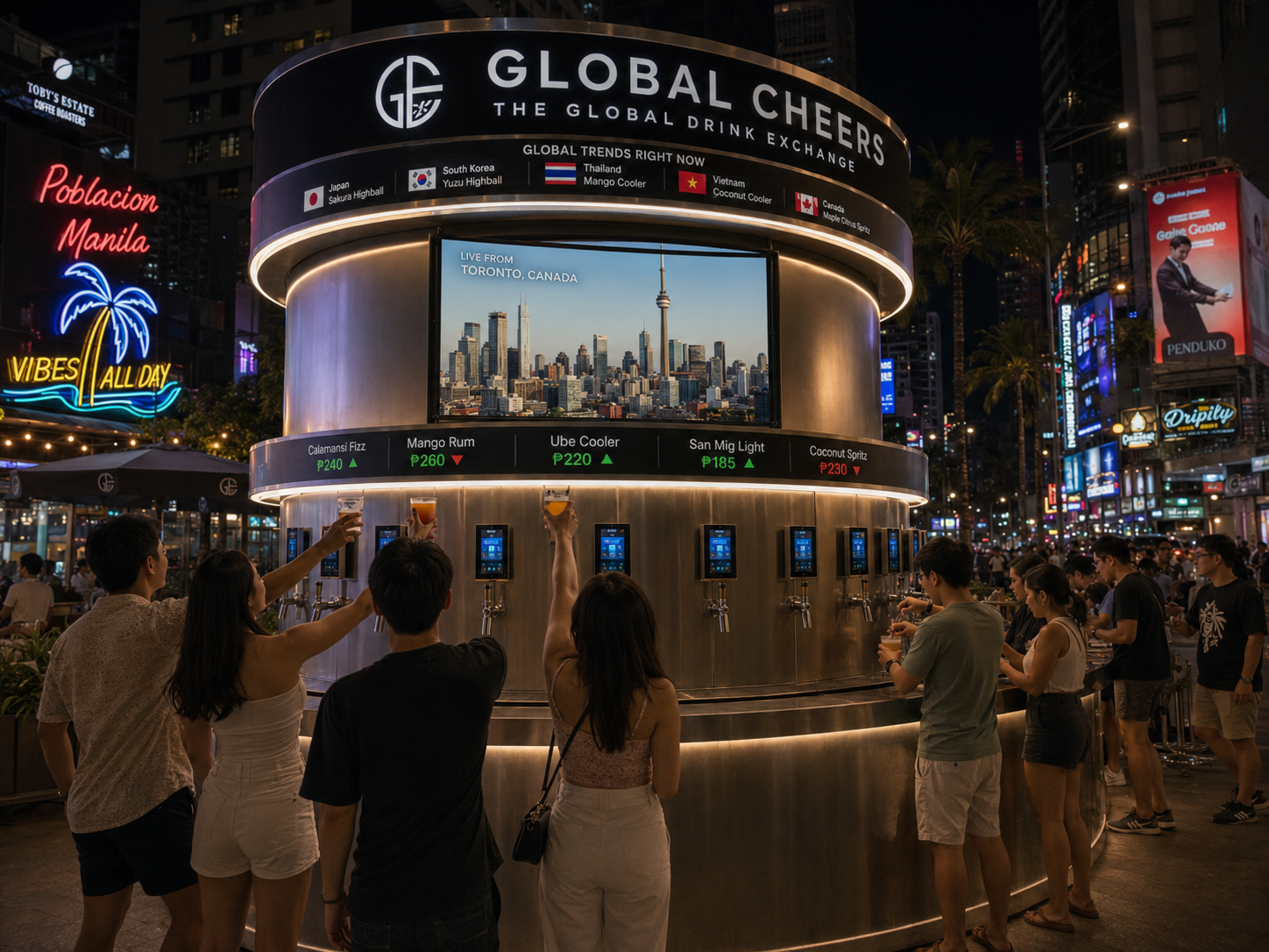 Global Cheers в разных локациях — Концептуальная визуализация. Финальный дизайн, напитки, цены и техническая конфигурация могут отличаться в зависимости от рынка и локации.